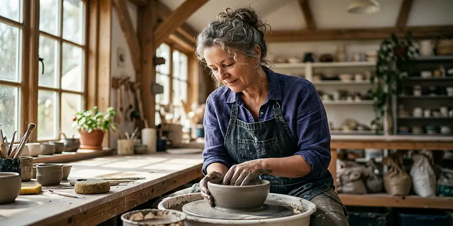 Thoughtful middle-aged adult calmly engaging in a fulfilling creative hobby in a bright studio