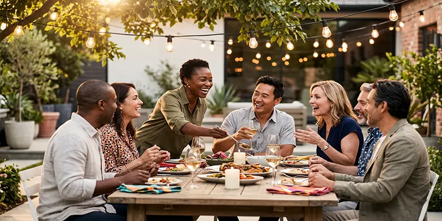 Vibrant group of middle-aged friends enjoying an outdoor dinner party