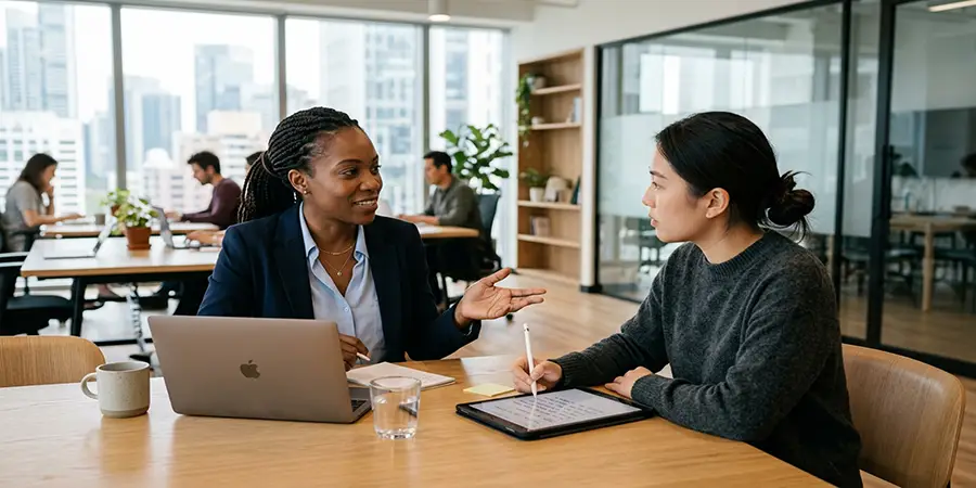 A confident new manager discussing a project with a team member in a modern office