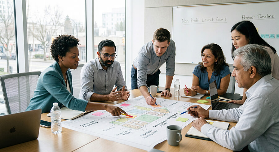 A diverse team of professionals collaborates over a community project plan at a modern office boardroom table.
