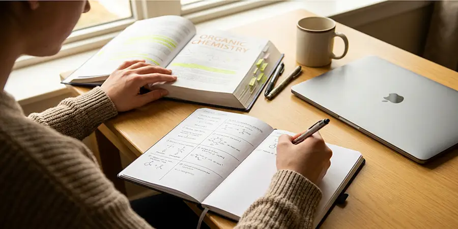 Student actively taking handwritten notes in a journal while reading a textbook