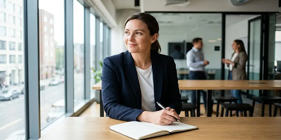 A professional in a navy blazer thoughtfully observing and listening during a meeting