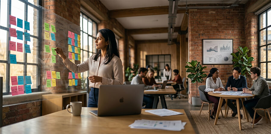 A professional woman manages a large glass strategy board filled with colorful sticky notes in a modern, sunlit open-plan office, with other team members collaborating in the background.
