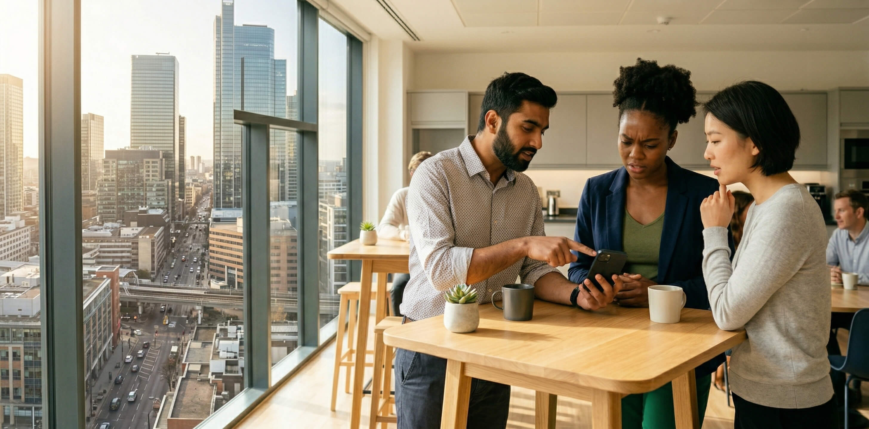 Three diverse professionals in a modern office breakroom looking at a smartphone screen with analytical expressions.