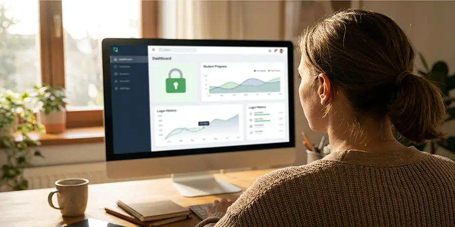 An educator securely managing student data on a modern online learning dashboard