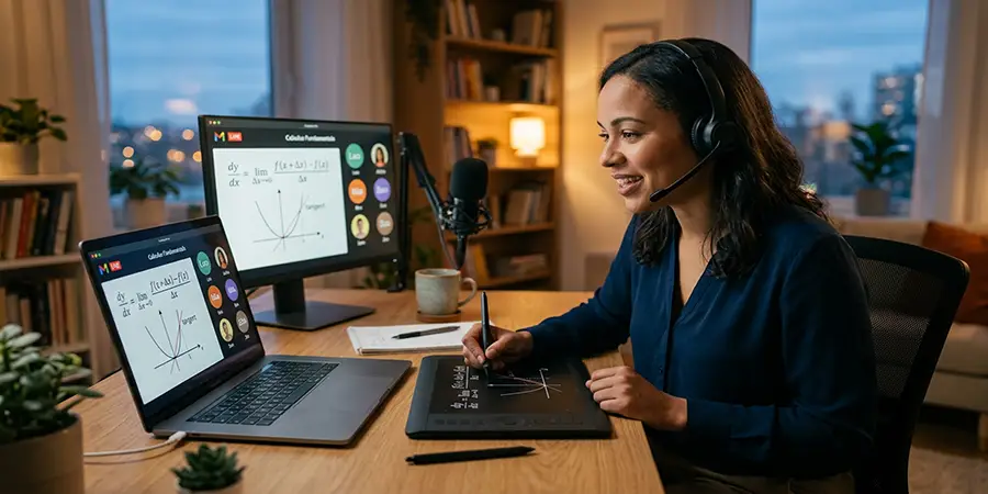 Professional tutor explaining a concept on a digital drawing tablet