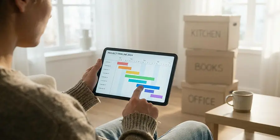 A person calmly reviewing a digital moving timeline with neatly stacked boxes in the background