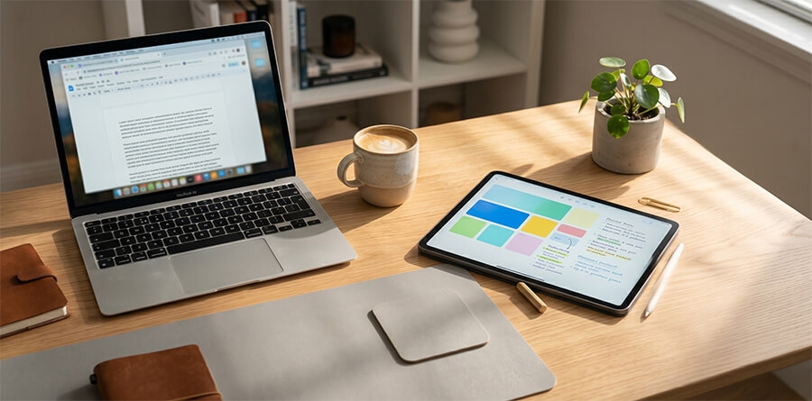 Organised wooden desk with laptop, tablet, coffee, and plant in a sunlit modern office.