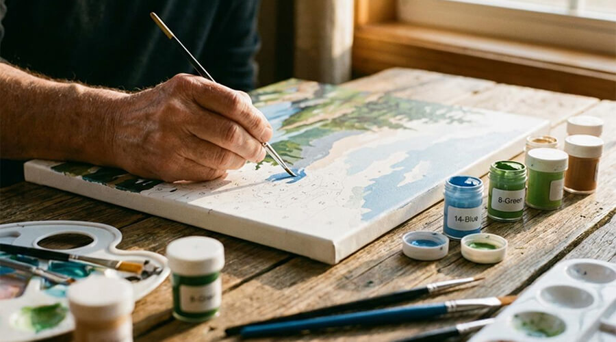 Close-up of hands painting a paint-by-number landscape on a wooden table, with numbered paint pots, palettes, and brushes.