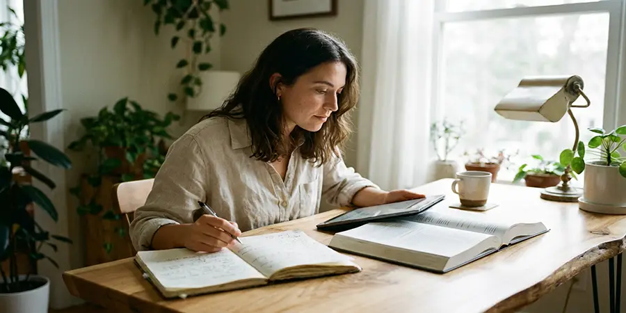 Person studying with both a physical book and a digital tablet