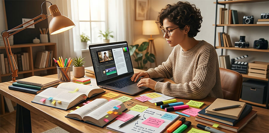 A professional writer editing and paraphrasing content on a laptop in a well-lit workspace.