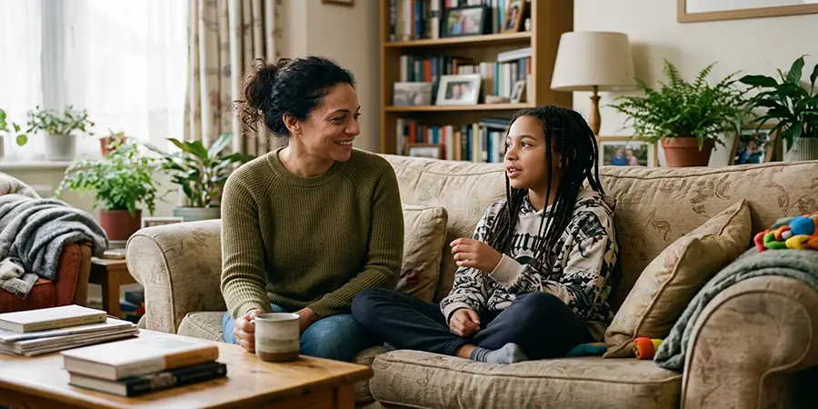 A parent and a teenager having an open, comfortable conversation on a sofa