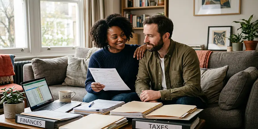 A couple calmly working together to organize documents for a visa application