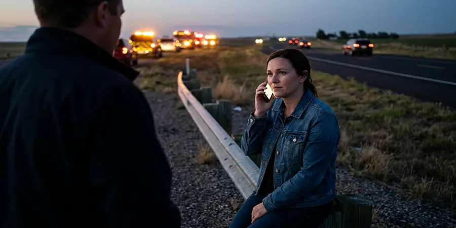 A passenger safely making a phone call away from a roadside incident