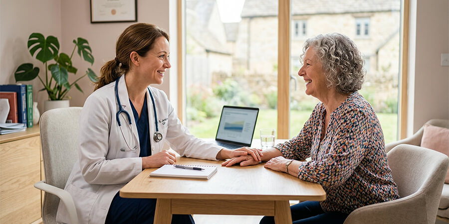 A female doctor in a white lab coat and scrubs sits across from an elderly female patient at a wooden desk in a sunlit consultation room with a garden view. They are both smiling warmly, and the doctor is holding the patient's hand. A laptop displaying a chart, a notebook, and a potted plant are on the desk.