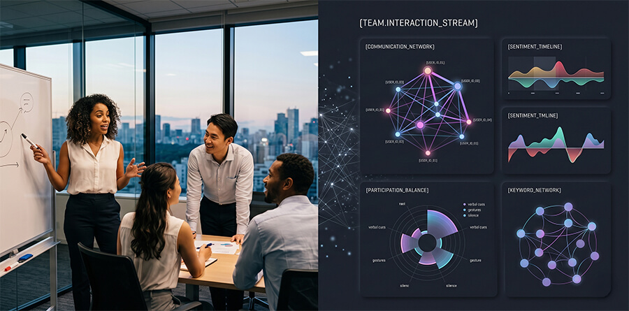 Diverse team collaboration in a modern office paired with a modern digital data visualization of human interaction metrics like communication network and sentiment timeline.