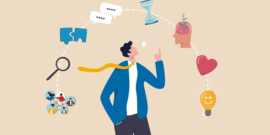 Illustration of a person looking up at an arc of icons representing soft skills, including communication, empathy, time management, and problem-solving.