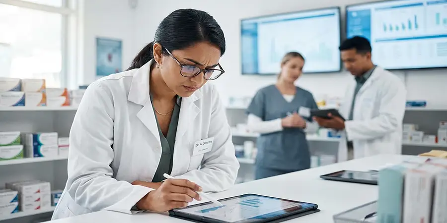 Professional pharmacist reviewing clinical data on a digital tablet