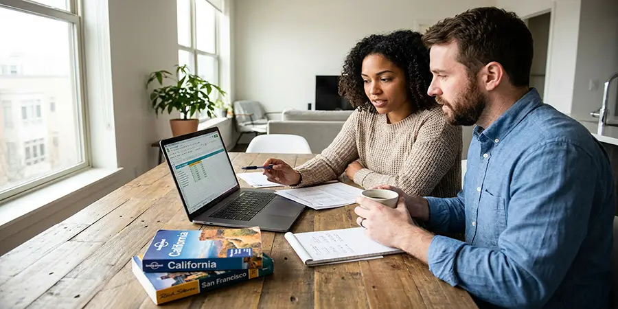 A couple planning a trip budget at a kitchen table