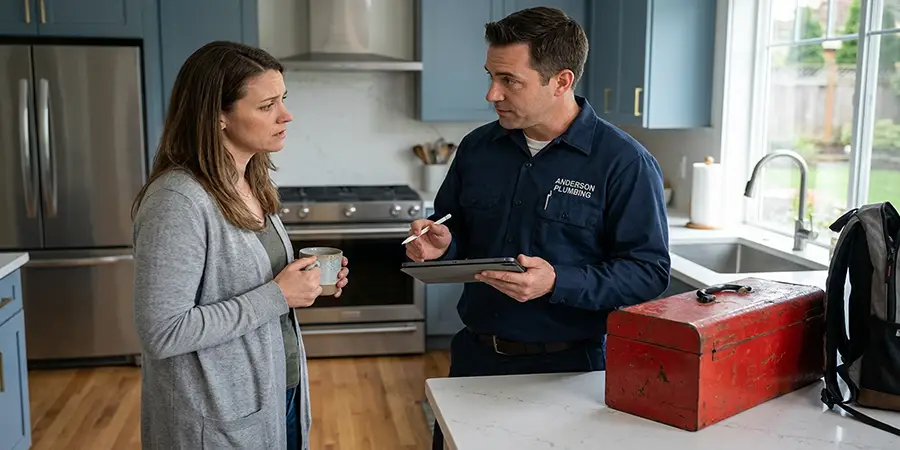 Professional plumber communicating empathetically with a customer in a kitchen