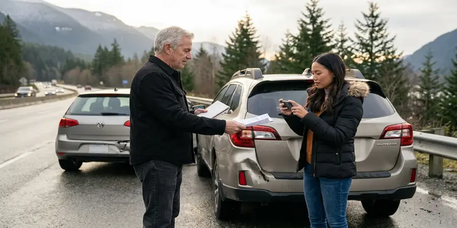 Two drivers calmly exchanging information on the side of the road after a minor accident.