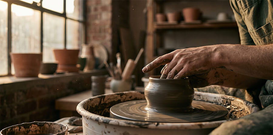 A close-up photograph of a person's clay-covered hands molding wet clay on a spinning potter's wheel within an artisan studio. Warm natural afternoon light streams through a large window, revealing floating dust. Blurred wooden shelves hold numerous terracotta pots and ceramic tools in the background.