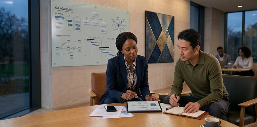 Collaborative strategic analysis session between a female executive and male manager analyzing complex data visualizations in a modern corporate office.