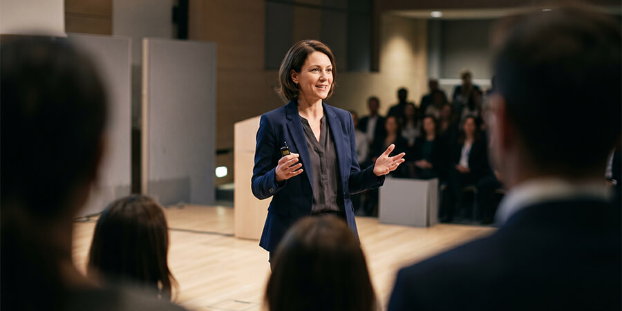 A confident professional delivering a presentation on stage using open hand gestures and direct eye contact.