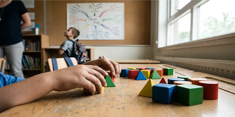 Children engaging with tactile blocks and visual mind maps in a brightly lit classroom
