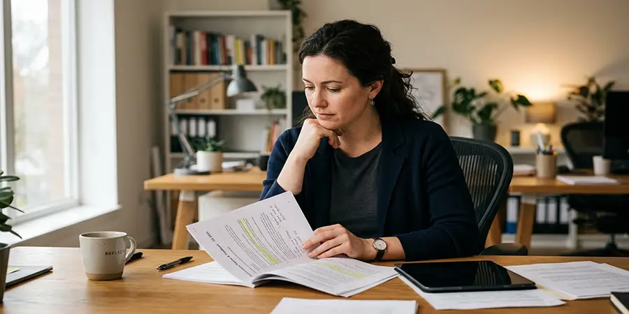 A professional pausing to thoughtfully process feedback in a calm workspace