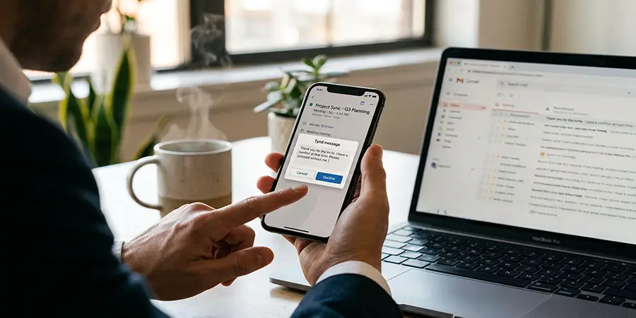 A professional politely declining a digital calendar invitation on a smartphone