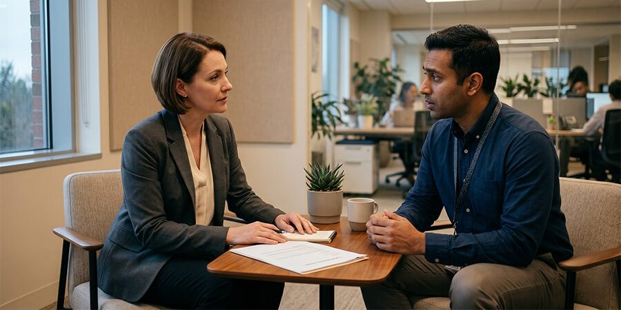 A professional meeting taking place in a modern office. A woman in a grey suit sits across a wooden table from a man wearing a blue button-down shirt and a lanyard. They are engaged in a conversation, with papers and a small potted succulent on the table between them. The bright office background includes other workers and glass partitions.