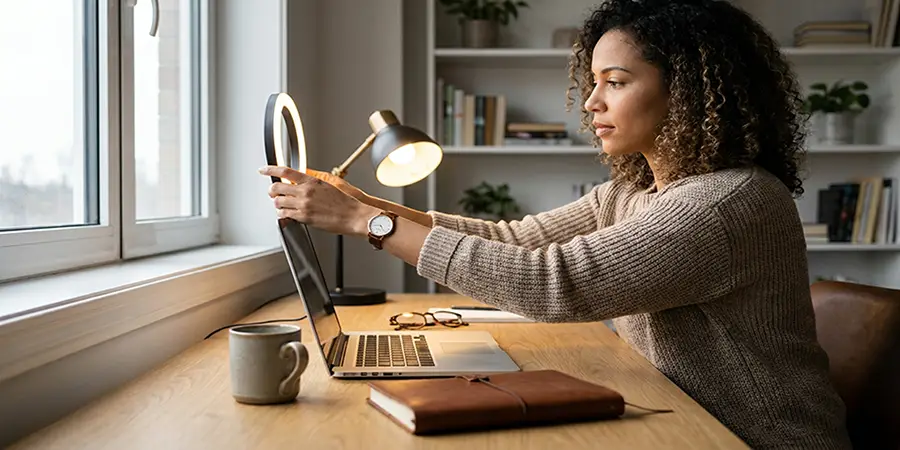 A professional thoughtfully adjusting the lighting at a clean, organized desk before a virtual meeting.