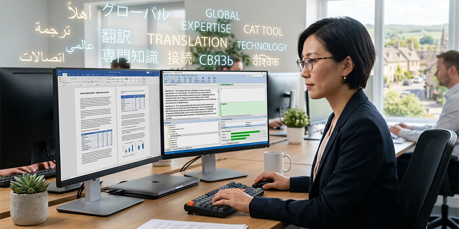 A translator at work with a multicultural word cloud over dual monitors.