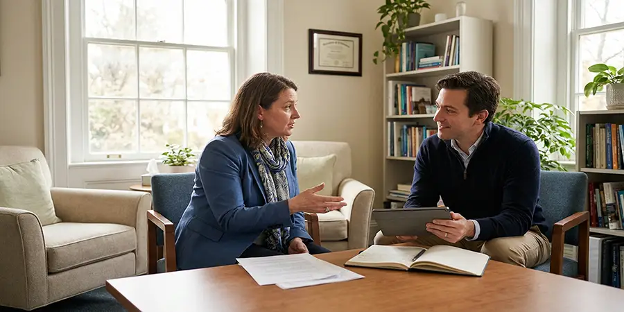 A person calmly and clearly communicating their situation to a support worker in a safe environment
