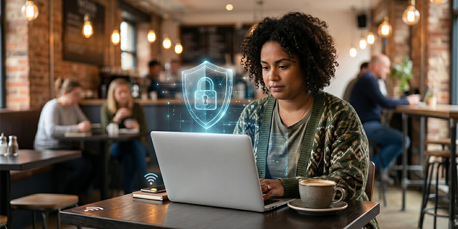 Professional woman using a laptop in a cafe with a glowing digital security shield.