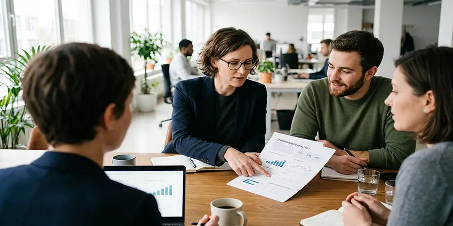 Professional calmly questioning data on a document during a meeting