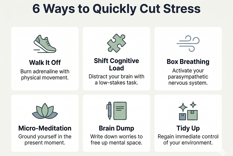 Infographic - 6 Ways to Quickly Cut Stress. Walk it Off, Shift Cognitive Load, Box Breathing, Micro-Meditation, Brain Dump, Tidy Up.