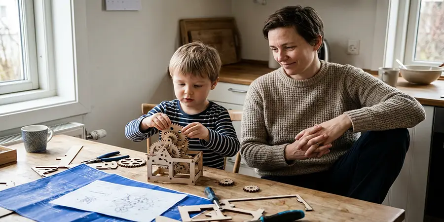 Parent patiently allowing a young child space to solve a hands-on problem independently