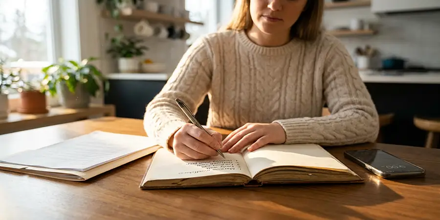 A focused person taking notes and organizing documents at a table