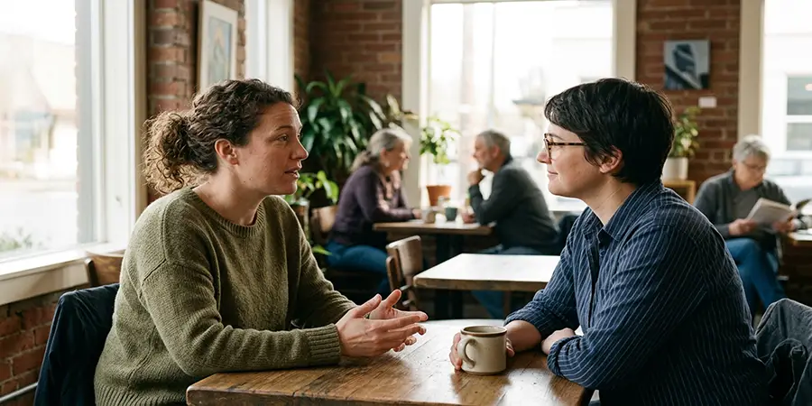 Two individuals engaging in an earnest, empathetic conversation, demonstrating active listening and patience