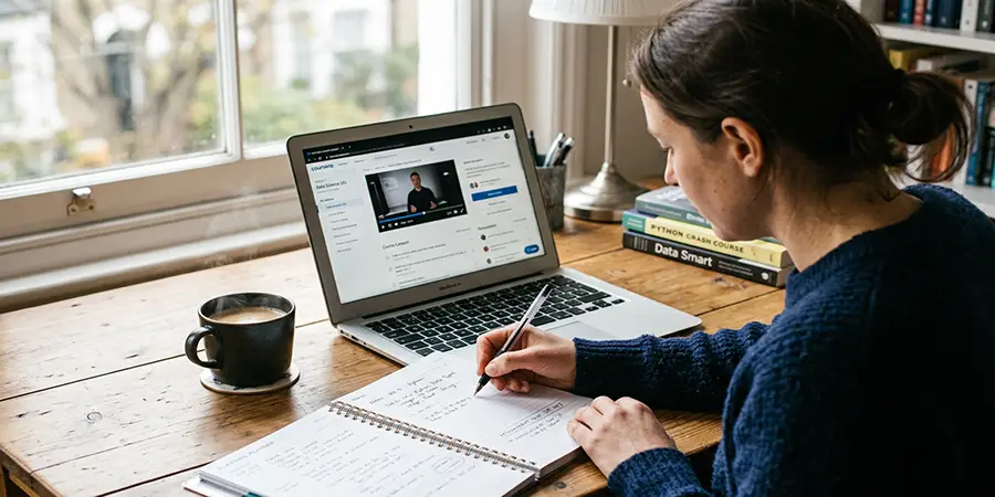 Student taking physical notes while navigating an online learning dashboard on a laptop
