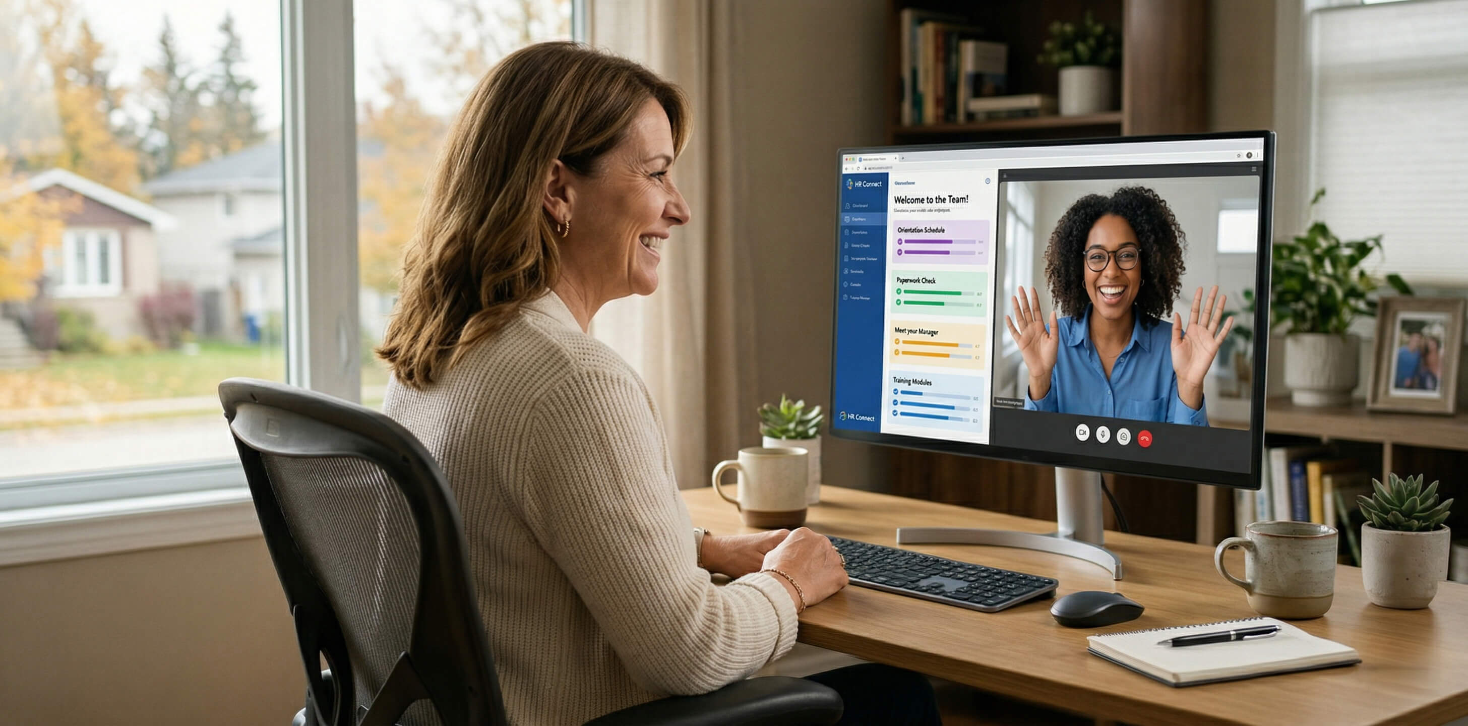 HR executive remotely onboarding a new employee from home.