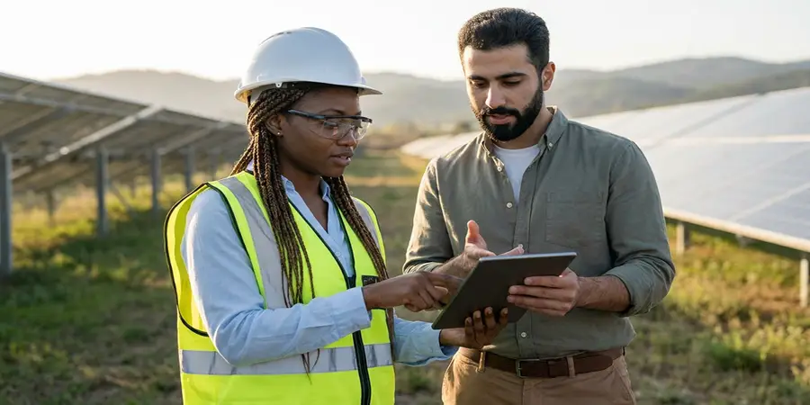 Professionals collaborating and problem-solving at a renewable energy solar farm