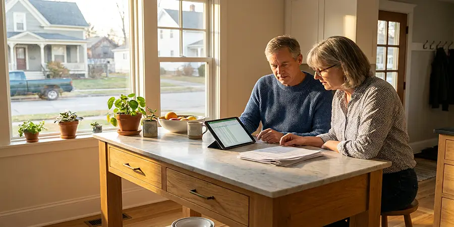 Mature couple calmly reviewing financial plans and a tablet at a kitchen island