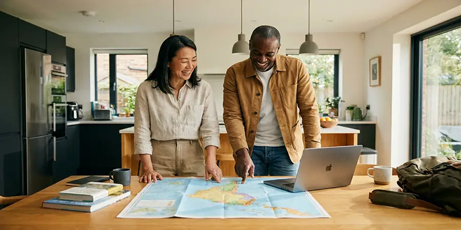 Diverse middle-aged couple discussing retirement locations with a map and laptop