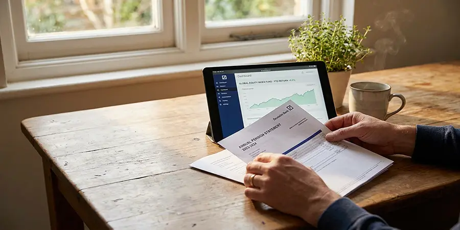 Hands reviewing a pension statement alongside a tablet showing investment growth