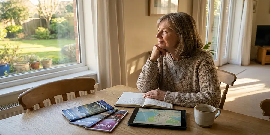 Mature adult looking thoughtfully out a window while reviewing retirement plans and travel brochures at a table