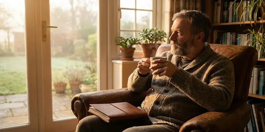 Mature adult sitting thoughtfully by a window with a coffee mug and notebook