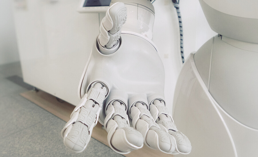 Close up of a robotic hand.